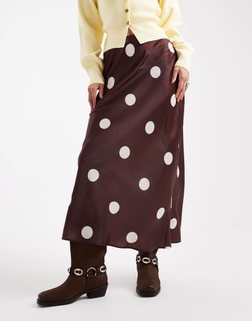 ASOS DESIGN low rise satin maxi skirt in chocolate polka dot