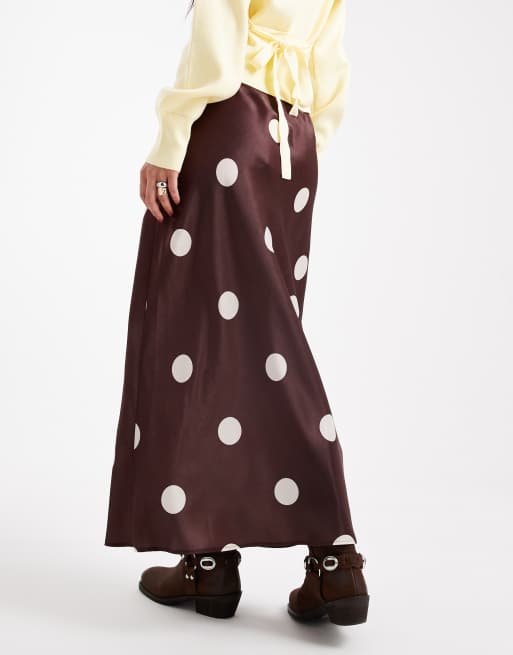 ASOS DESIGN low rise satin maxi skirt in chocolate polka dot