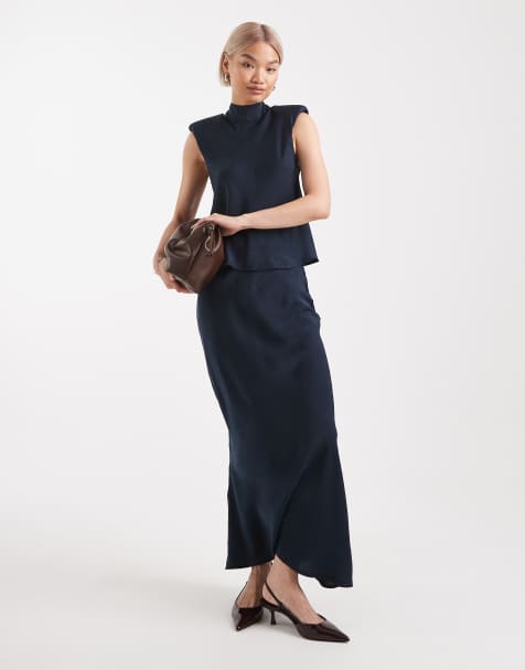 ASOS DESIGN low rise satin maxi skirt in navy - part of a set - view 1
