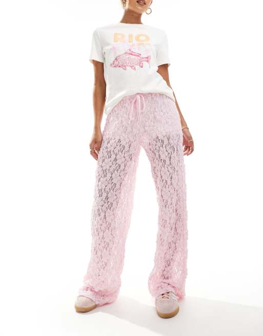 ASOS DESIGN low rise sheer lace trousers in baby pink