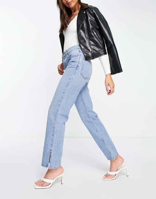 ASOS DESIGN mid rise comfort stretch straight leg jeans in midwash