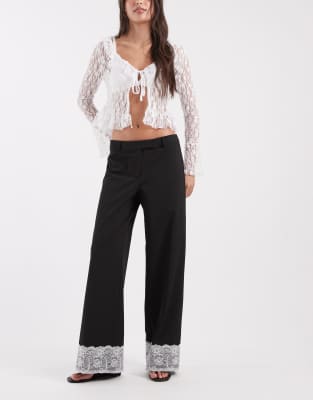 Asos Design Low Rise Tailored Pants With Lace Hem In Black