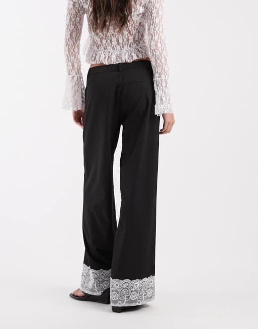 ASOS DESIGN low rise tailored pants with lace hem in black, 3 of 5