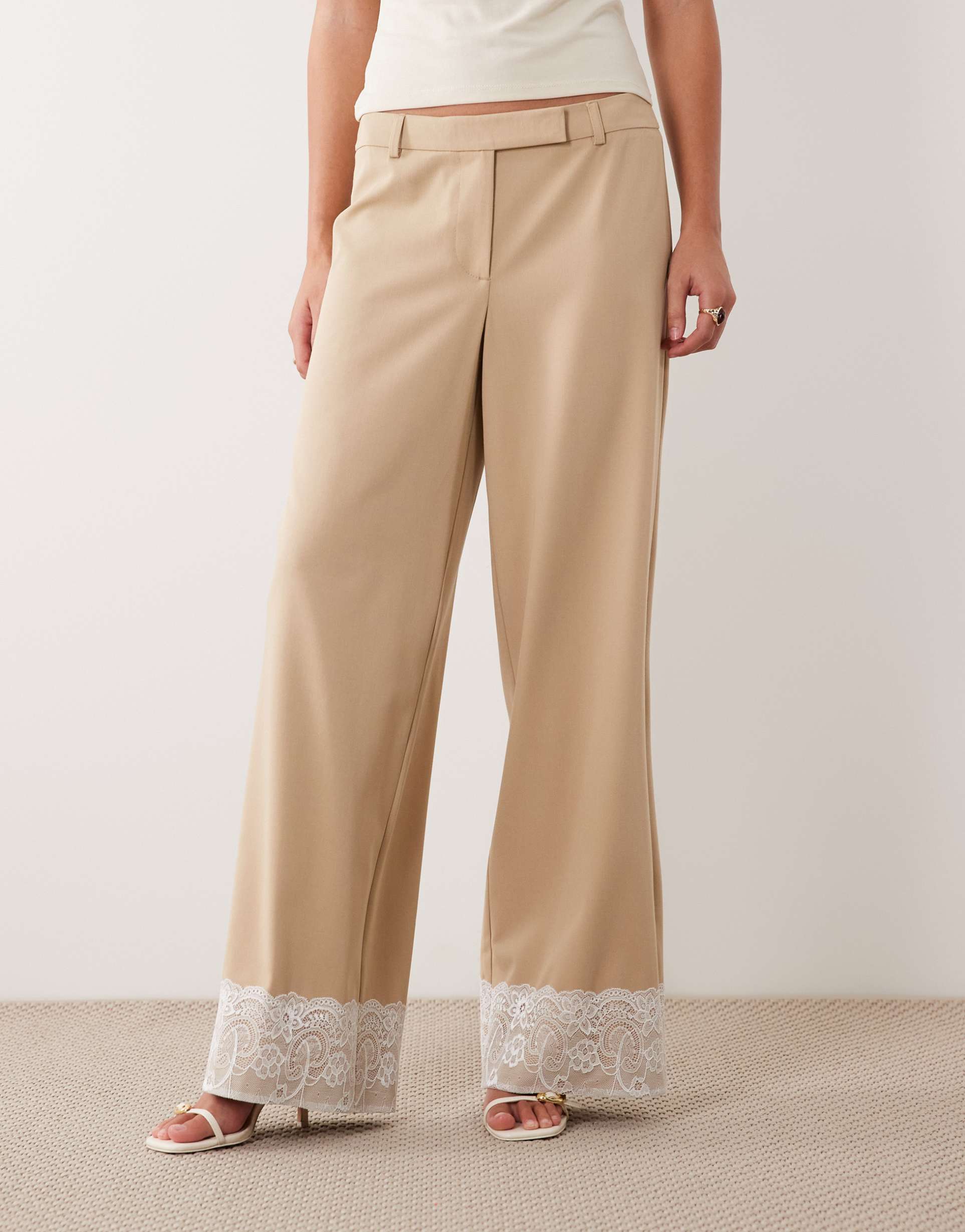asos design low rise tailored pants with lace hem in mocha