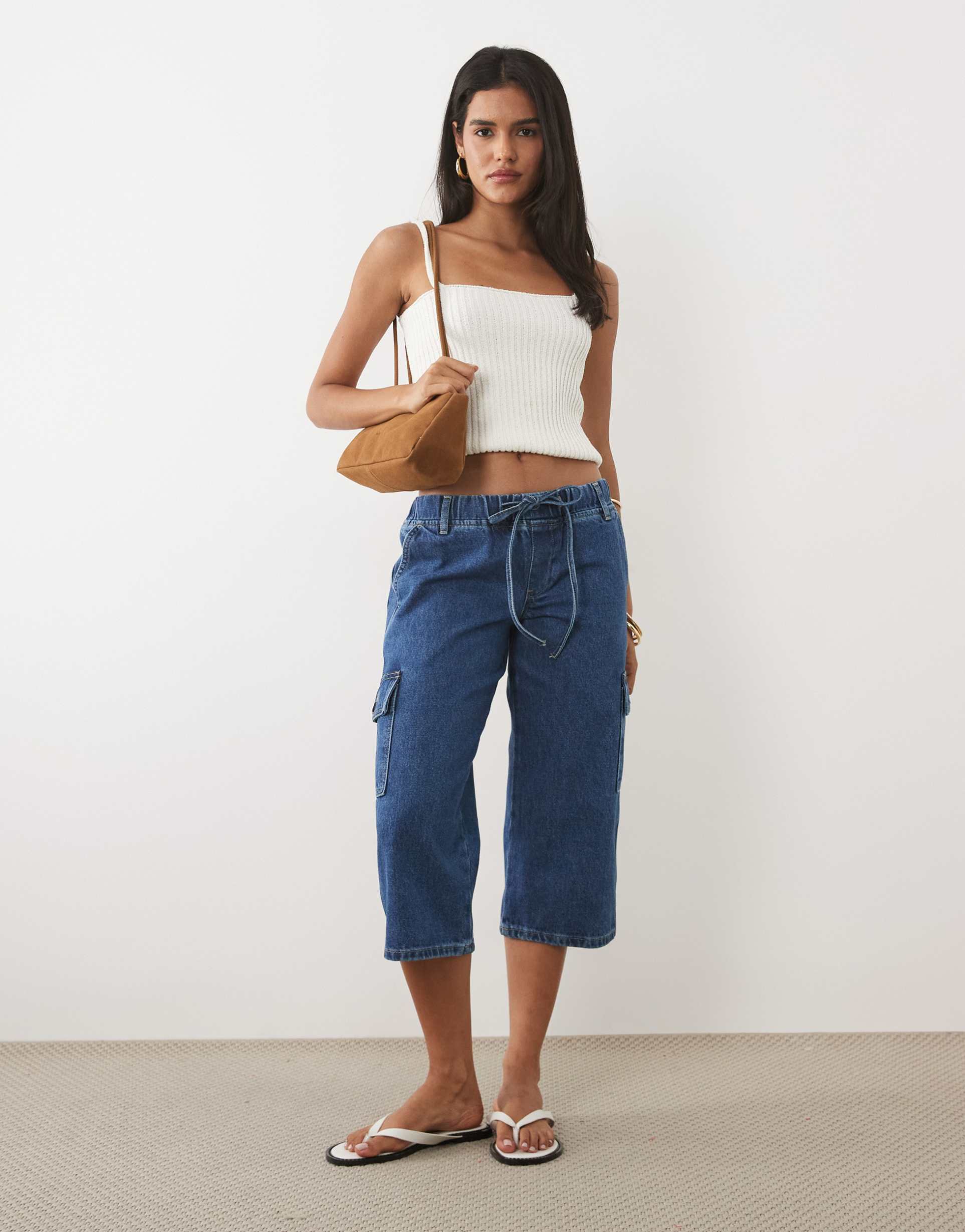 asos design low rise utility capris in midwash blue