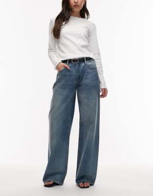 Asos Design Low Rise Wide Leg Jean In Blue