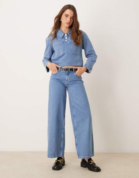 ASOS DESIGN low rise wide leg jean in mid blue - view 1