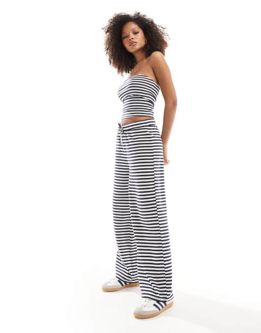 ASOS DESIGN low rise wide leg pants in navy and white stripe (part of a set)