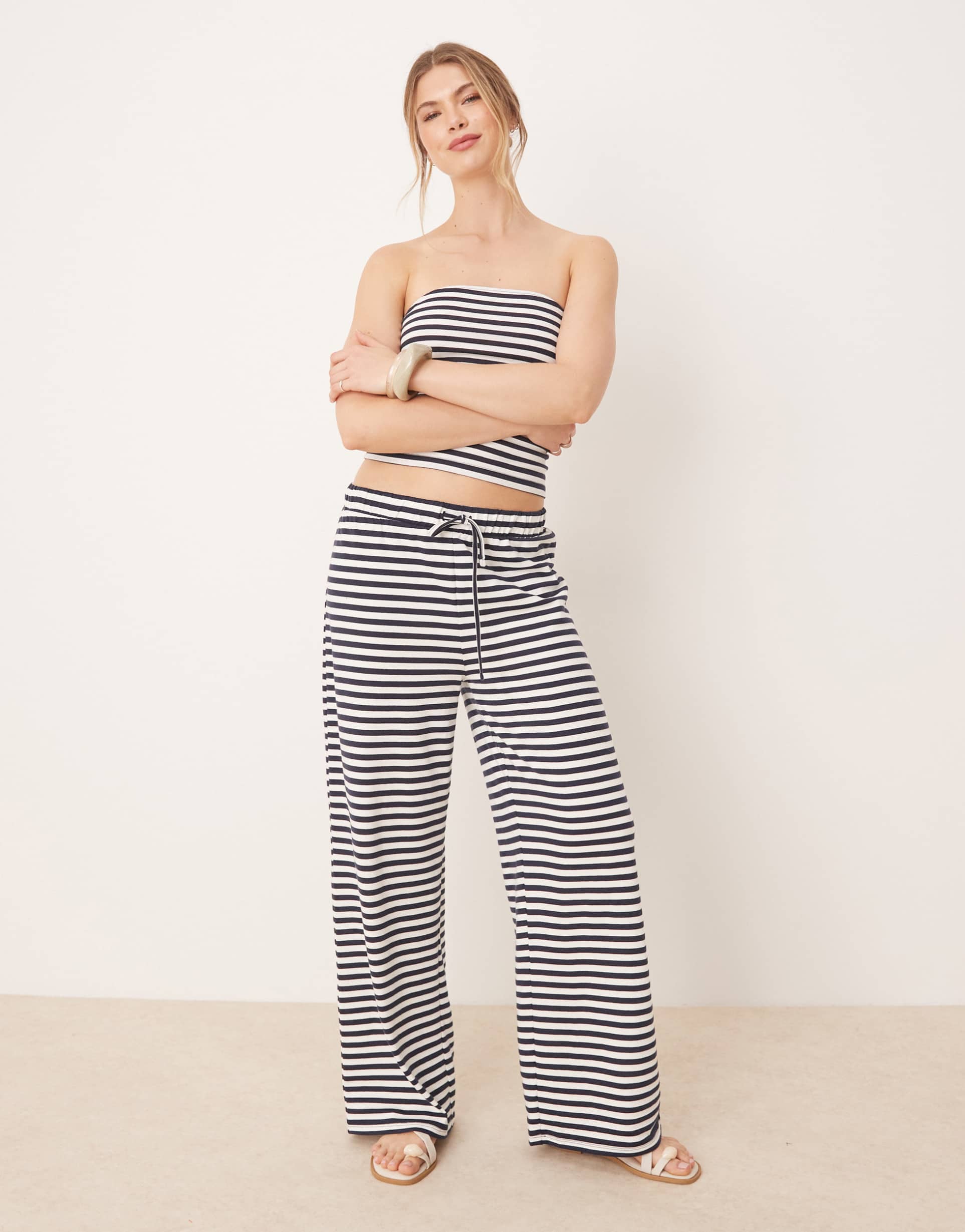 asos design low rise wide leg pants in navy and white stripe - part of a set