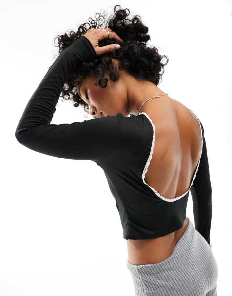 ASOS DESIGN low scoop back top with contrast lace trim in black - BLACK - view 1