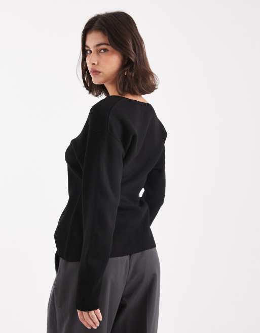 ASOS DESIGN low v neck waisted top in black