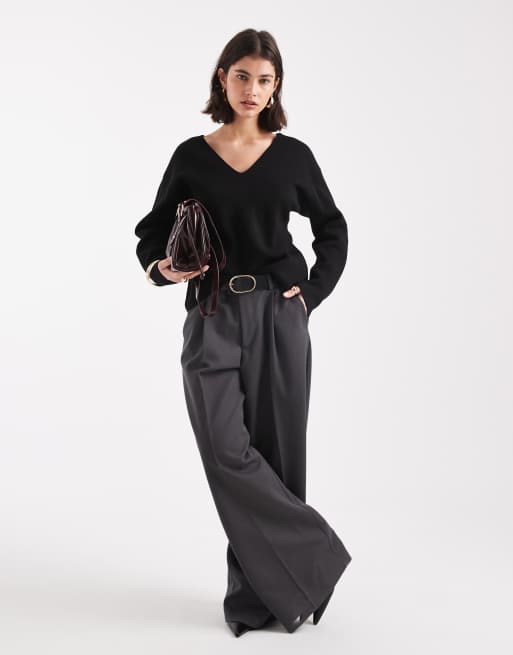 ASOS DESIGN low v neck waisted top in black