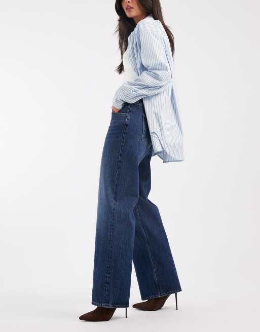 ASOS DESIGN low waist baggy wide leg jean in dark mid blue, 2 of 5