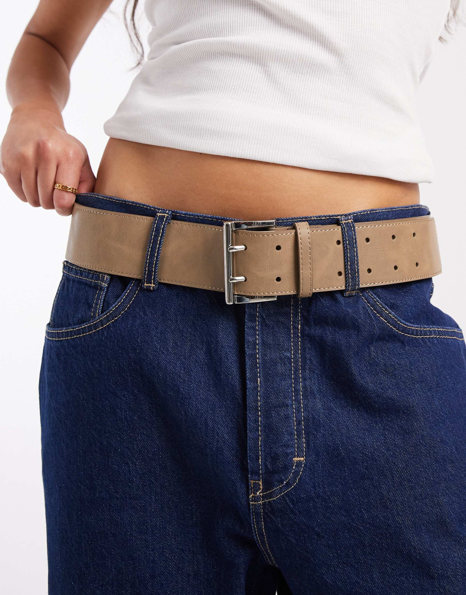 asos design low waist belt with double square prong in mushroom