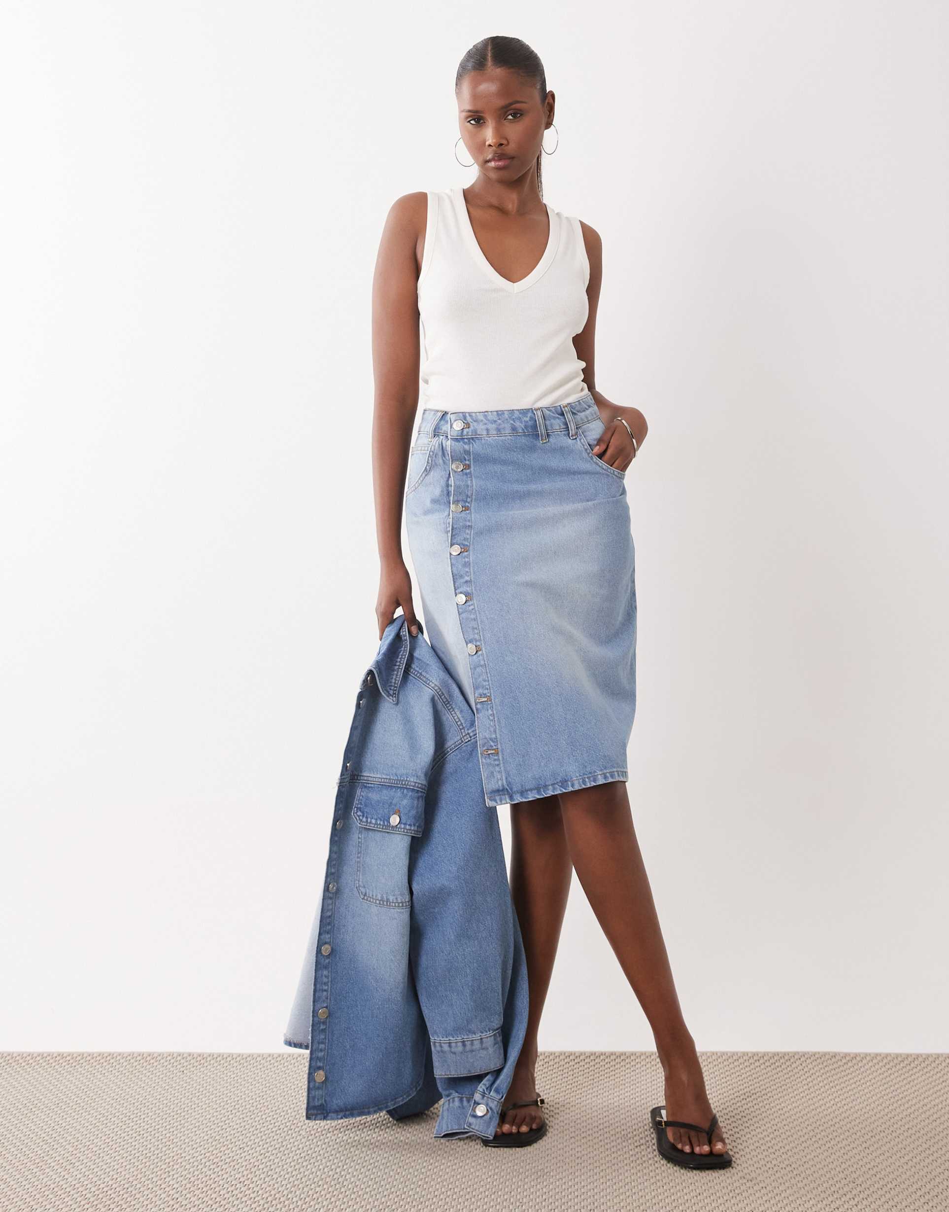 asos design low waist denim pencil skirt in mid blue