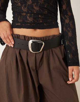 Asos Design Low Waist Wide Belt With Abstract Square Silver Buckle In Black