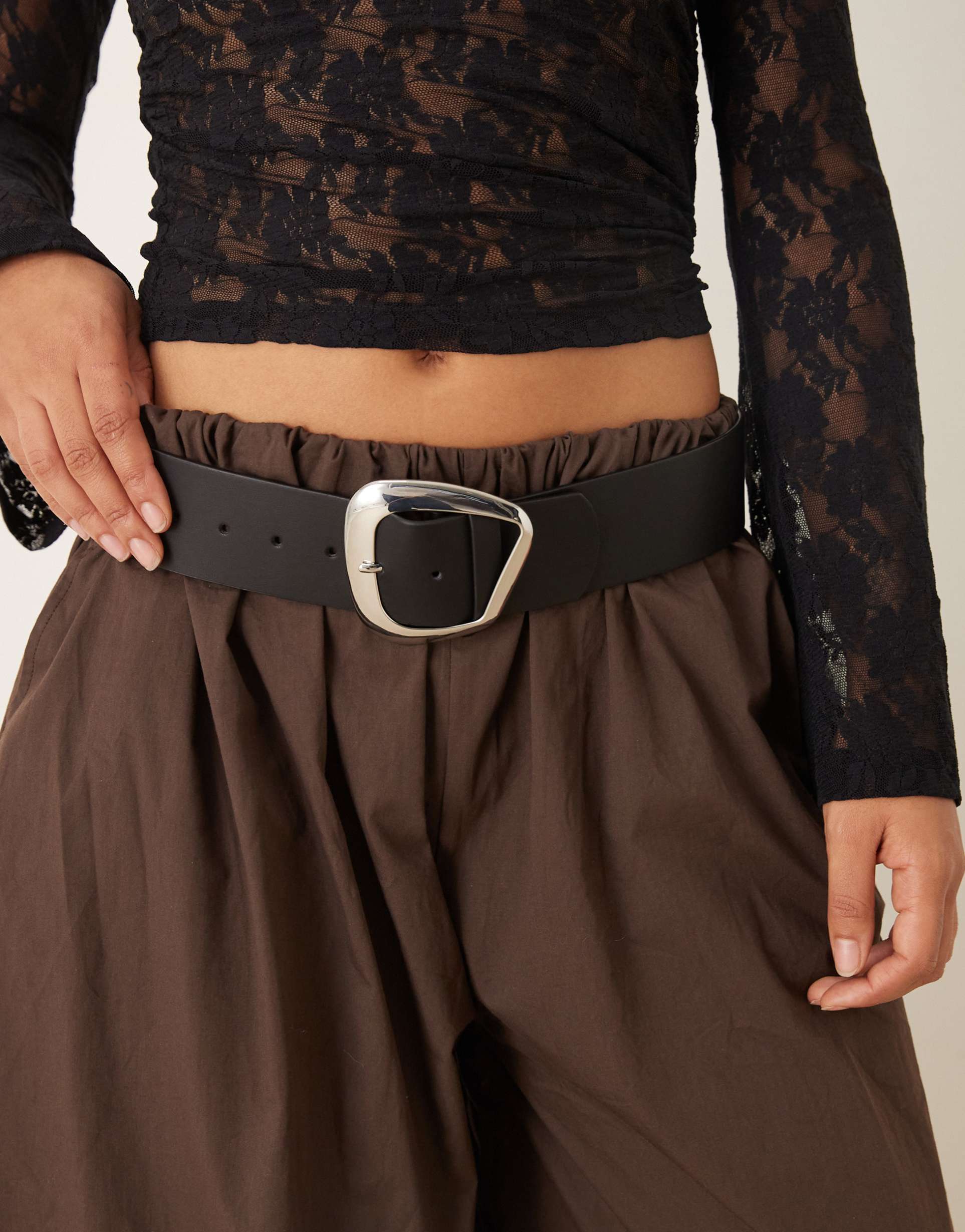 asos design low waist wide belt with abstract square silver buckle in black