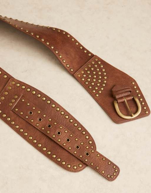 ASOS DESIGN low waist wide belt with stud detail in tan, 2 of 3