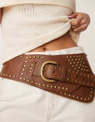 Asos Design Low Waist Wide Belt With Stud Details In Brown