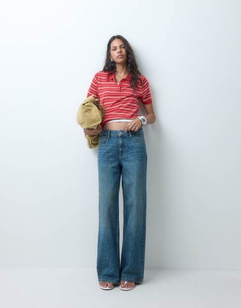 ASOS DESIGN low waist wide leg jeans in dark mid blue - view 1