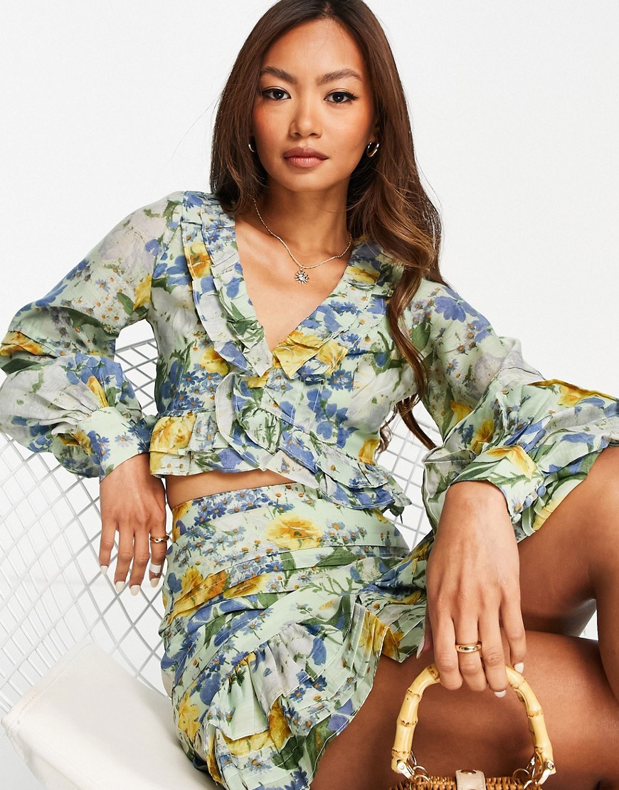 ASOS DESIGN lowcut printed top with blouson sleeve and frill detail - part of a set-Multi