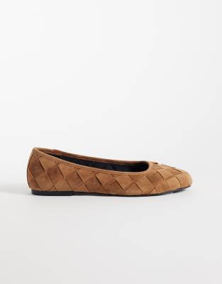 Asos Design Lowell Premium Suede Woven Ballet Flats In Brown