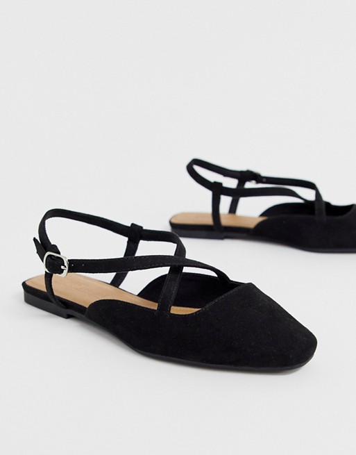 ASOS DESIGN Loyal cross strap square toe ballet flats in black | ASOS