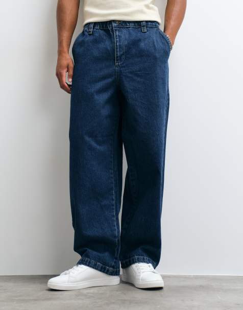 ASOS DESIGN løse jeans med lige ben i mellemvask blå med elastisk taljebånd - view 1