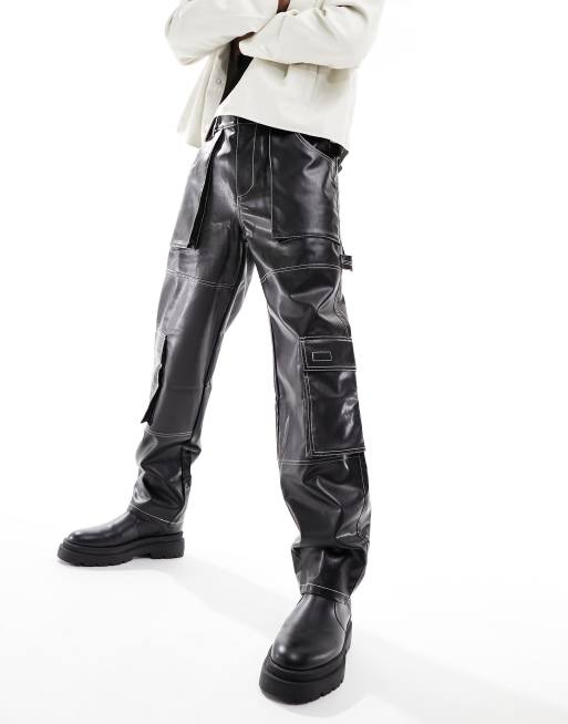 ASOS DESIGN - Løstsiddende cargobukser med kontrasterende syninger i sort læderlook, 4 af 4