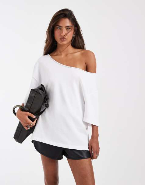 ASOS DESIGN - Løstsiddende, oversized og hvid T-shirt med offshoulder-snit - view 1