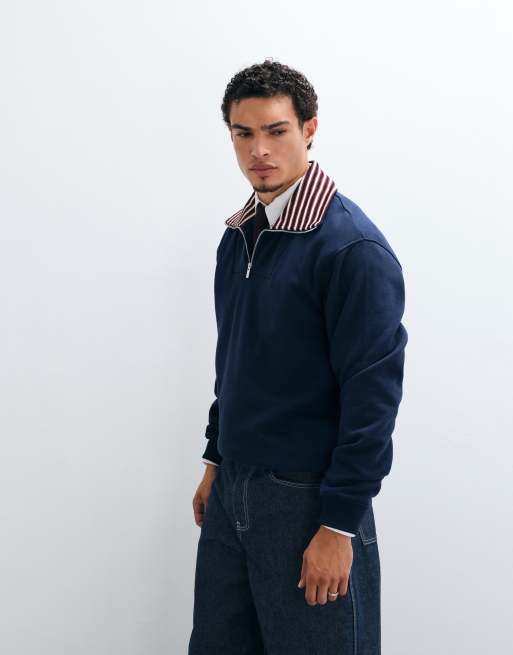 ASOS DESIGN løstsiddende sweatshirt med halv lynlås og indvendig stribet krave i marineblå, 4 af 5