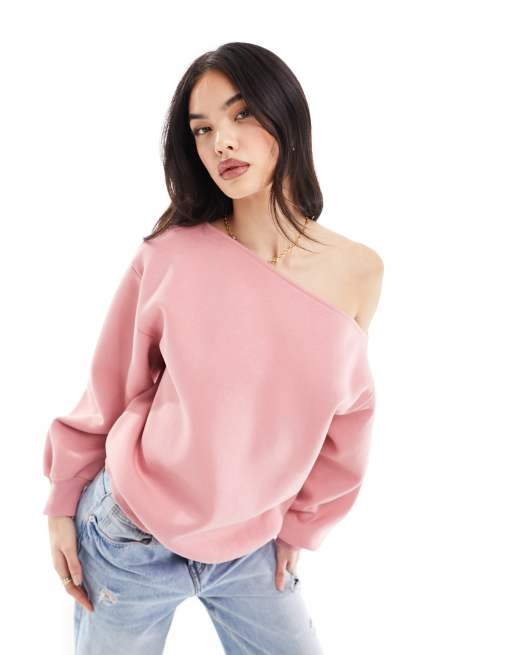 ASOS DESIGN - Løstsiddende sweatshirt med oneshoulder-snit i lyserød