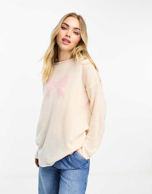ASOS DESIGN - Løstsiddende trøje med sløjfemotiv i hvid