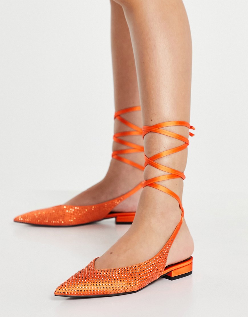 ASOS DESIGN Lucent pointed tie leg ballet flats in orange satin