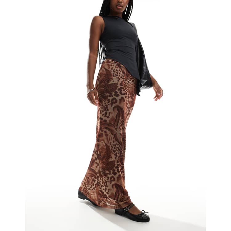 ASOS DESIGN Luchtige maxi rok van mesh met gebloemde luipaardprint in bruin ASOS