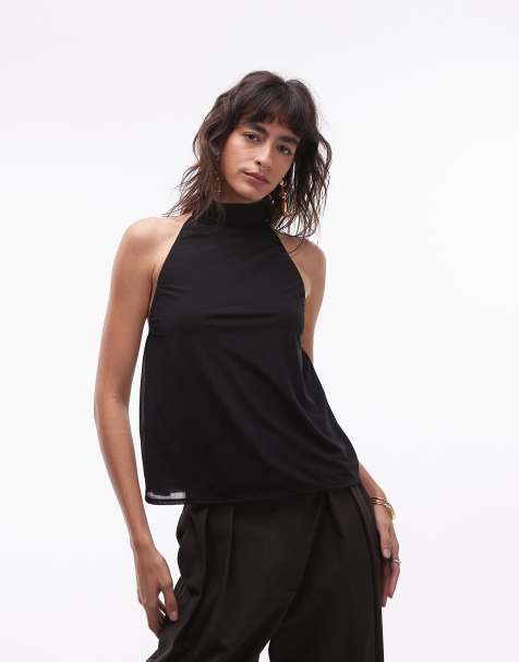 ASOS DESIGN - Luchtige top van mesh met gestrikte halternek in zwart - view 1