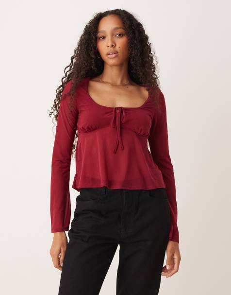 ASOS DESIGN - Luchtige top van mesh met uitlopende mouwen in bordeauxrood - view 1