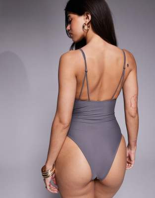 Asos Design Lucie Plunge Swimsuit With Cut-out And Resin Trim In Blue