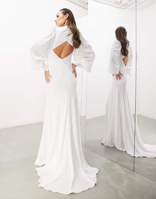 ASOS DESIGN Lucinda satin blouson sleeve maxi wedding dress with seam details and cut out back in ivory ASOS