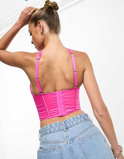 ASOS DESIGN Lucinda satin wrap front exposed wire corset in hot pink