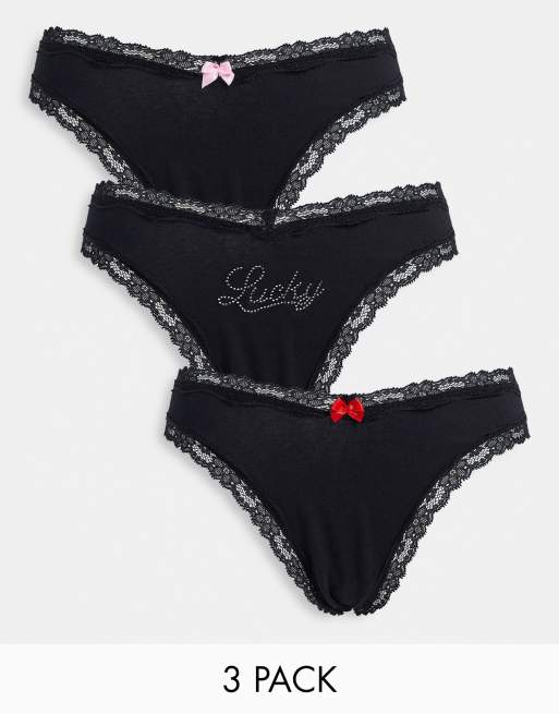 ASOS DESIGN - Lucky - Set van 3 katoenen en kanten strings in zwart 