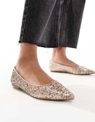 ASOS DESIGN - Lucky - Spitze Ballerinas in glitzerndem Rosegold-Goldfarben