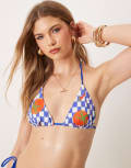 [ASOS DESIGN] ASOS DESIGN Lucy chilli print triangle bikini top in blue check 6 Blue Abstract Print