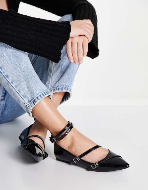 ASOS DESIGN Ludo strappy pointed ballet flats in black patent