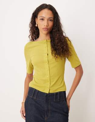 ASOS DESIGN - Luftige, gerippte Strickjacke in Oliv mit Halbärmeln-Grün