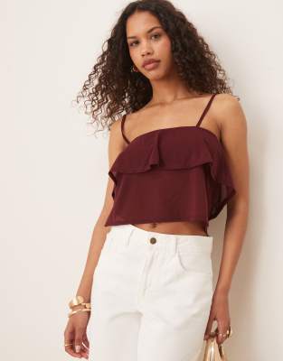 ASOS DESIGN - Luftiges Camisole-Top aus Netzstoff in Burgunderrot mit Riemchenträgern