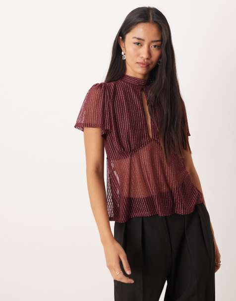 ASOS DESIGN – Luftiges Netzstoff-Oberteil in Weinrot mit Metallic-Streifen, Flatterärmeln und gebundener Rückseite - view 1