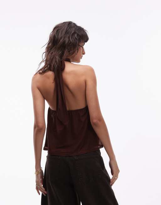 ASOS DESIGN – Luftiges Oberteil aus Netzstoff in Braun mit gebundenem Neckholder, 4 von 4