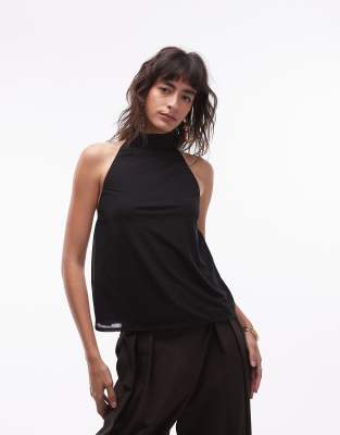 ASOS DESIGN - Luftiges Oberteil aus Netzstoff in Schwarz mit gebundenem Neckholder