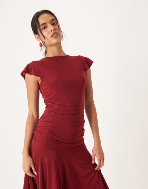 ASOS DESIGN – Luftiges Oberteil in Burgunderrot mit Raffung unter der Brust und Flügelärmeln, Kombiteil - view 1